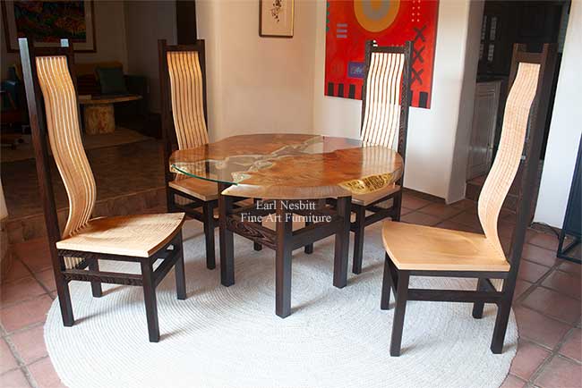custom made round red mulberry live edge dining table with four custom chairs